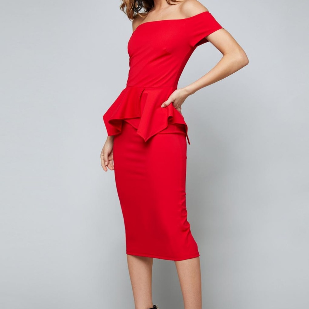 NWT red off-shoulder peplum midi dress